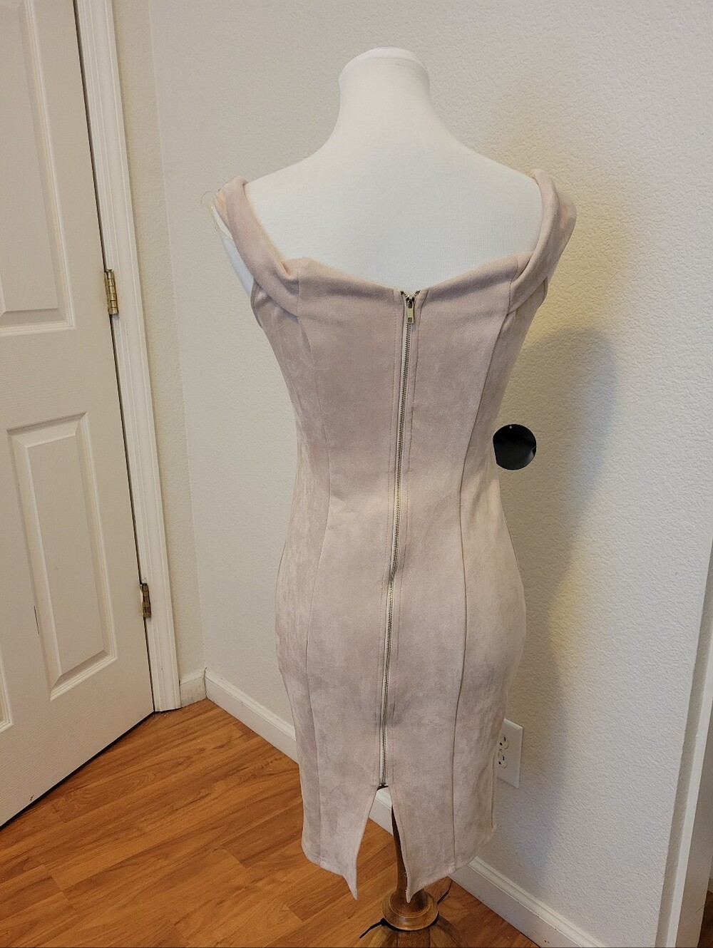 NWT privy Off-Shoulder Sheath Dress in Light Taupe Faux Suede